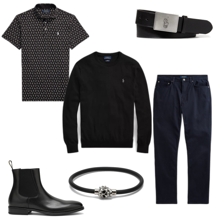 Outfit uomo - Elegante. Stile Business/Elegante per Serata speciale. Abbinamento con maglieria, pantaloni, polo, cinture, stivali, braccialetti.