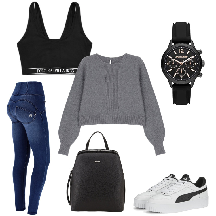 Outfit donna - Relax. Stile Casual per Tutti i giorni. Abbinamento con zaini, maglieria, jeans strappati, sneakers, canottiere, orologi.
