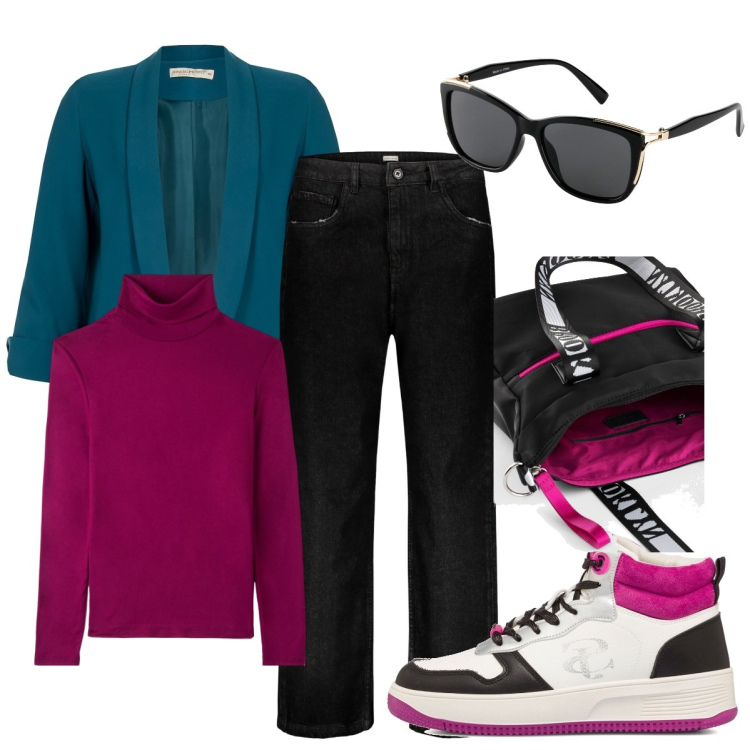 Outfit donna - Al lago. Stile Basic per Sport. Abbinamento con occhiali da sole, borse a mano, cappotti, sneakers alte, jeans, t-shirt.