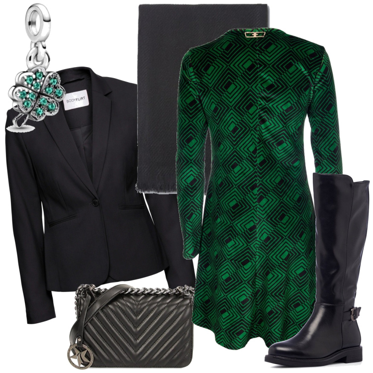 Outfit donna - Gli stivali comodi. Stile Casual per Tutti i giorni. Abbinamento con blazer, vestiti, borse a tracolla, stivali sopra il ginocchio, sciarpe, ciondoli.