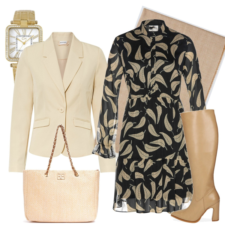 Outfit donna - Beige. Stile Casual chic per Tutti i giorni. Abbinamento con vestiti, blazer, borse a spalla, stivali, sciarpe, orologi.