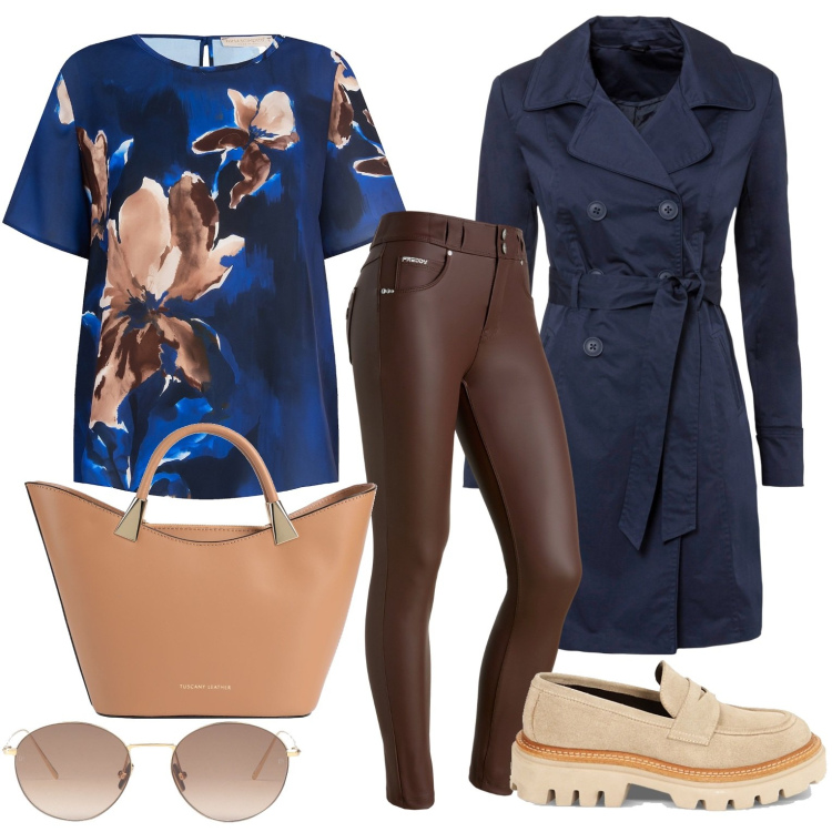 Outfit donna - Blu e marrone. Stile Casual chic per Tutti i giorni. Abbinamento con trench, borse a secchiello, occhiali da sole, bluse, mocassini, pantaloni skinny.