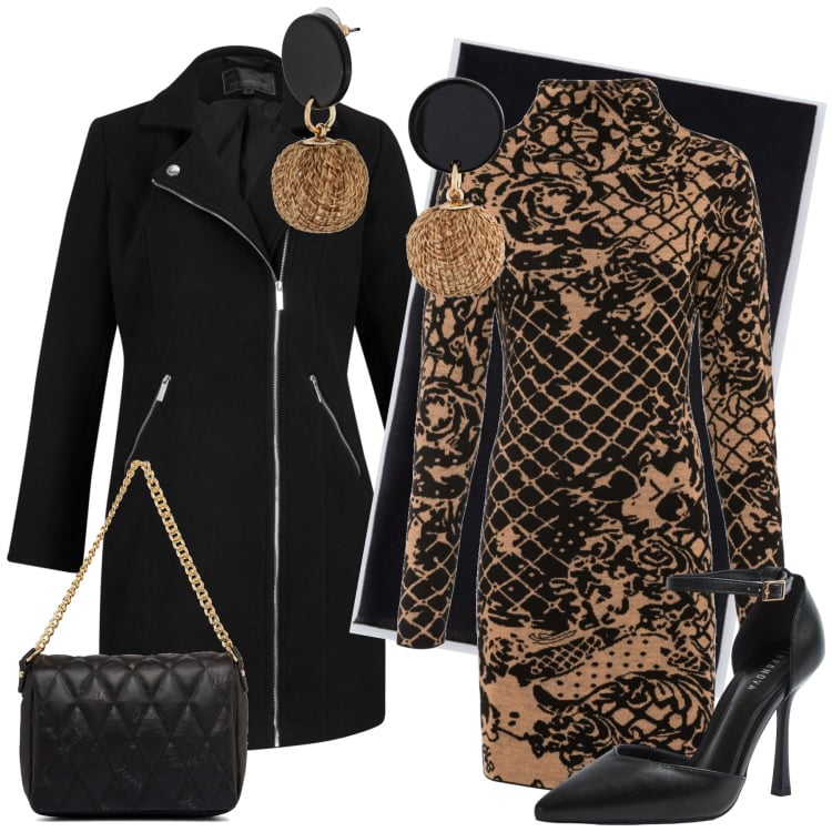 Outfit donna - L\'abito wow. Stile Sexy per Serata fuori. Abbinamento con vestiti, orecchini, cappotti, décolleté, borse a tracolla, sciarpe.