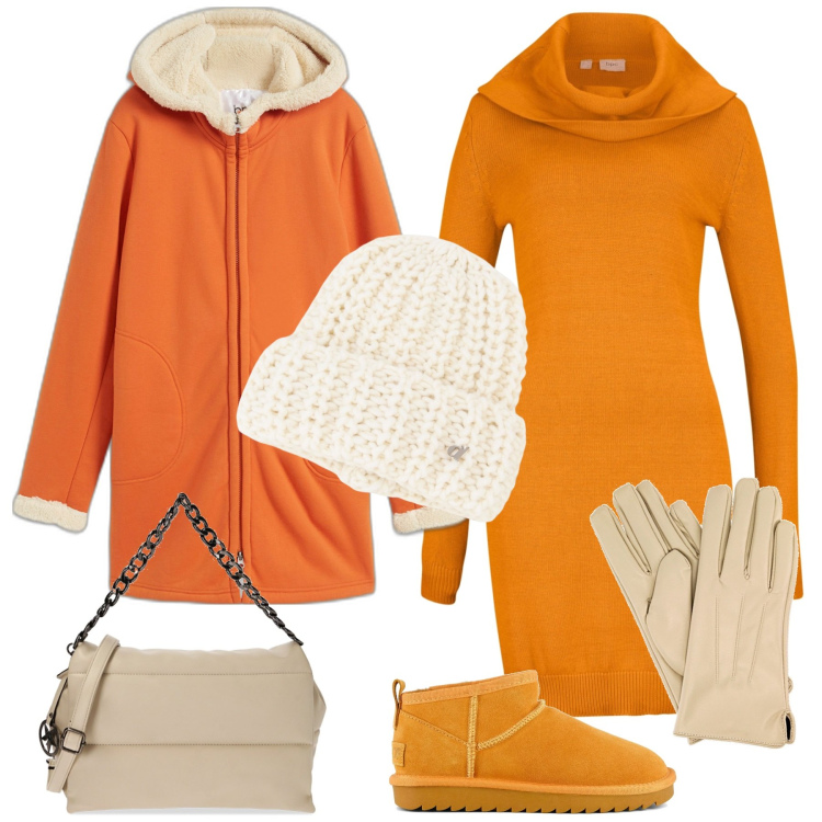 Outfit donna - Arancio. Stile Casual per Tutti i giorni. Abbinamento con felpe, vestiti, borse a spalla, guanti, berretti, stivali.