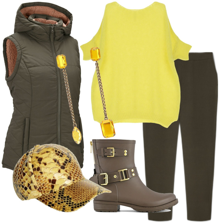 Outfit donna - Total look #1796435. Stile Casual per Tutti i giorni. Abbinamento con gilet, pullovers, orecchini, stivali, pantaloni, cappelli.