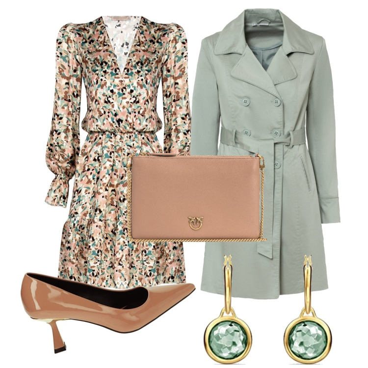 Outfit donna - Aria di primavera. Stile Bon Ton per Serata fuori. Abbinamento con trench, borse a tracolla, vestiti midi/longuette, décolleté, orecchini.