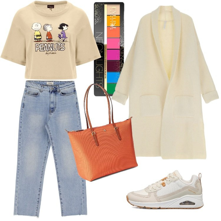 Outfit donna - Total look #1796447-Gennaio. Stile Basic per Tutti i giorni. Abbinamento con ombretti, cardigans, t-shirt, jeans dritti, borse tote, sneakers.