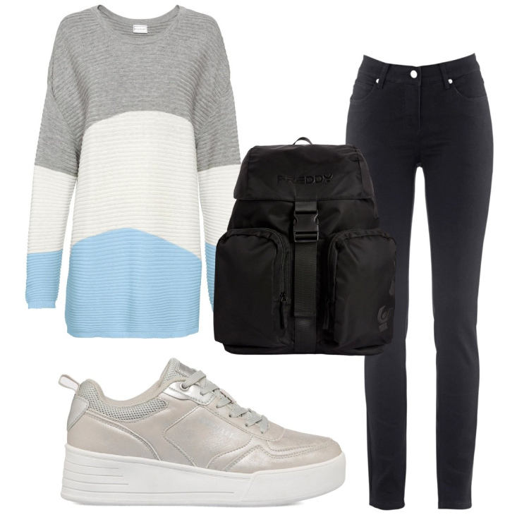 Outfit donna - Total look #1796454. Stile Basic per Scuola/Università. Abbinamento con jeans slim fit, maglieria, zaini, sneakers.
