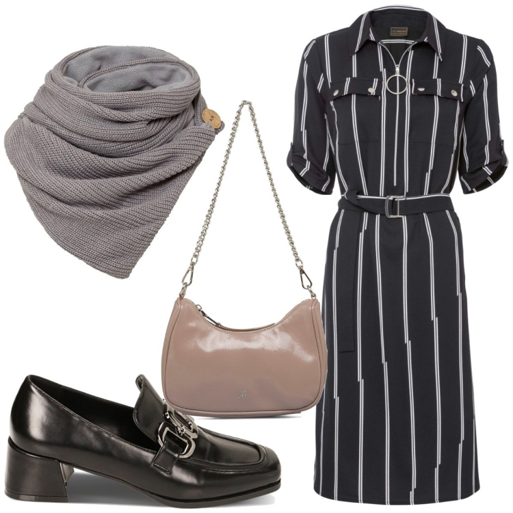 Outfit donna - Total look #1796474. Stile Trendy per Tutti i giorni. Abbinamento con foulard, vestiti chemisier, mocassini, borse a tracolla.