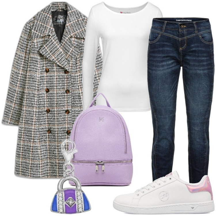 Outfit donna - Jeans Dark denim. Stile Casual per Scuola/Università. Abbinamento con jeans boyfriend, cappotti, t-shirt sportive, sneakers, zaini, ciondoli.