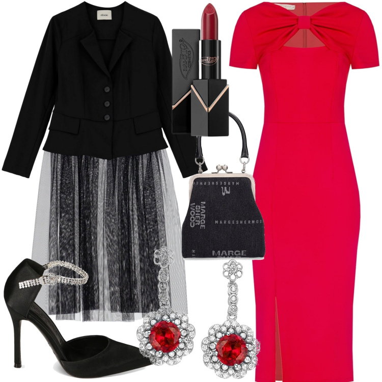 Outfit donna - Total look #1796499. Stile Chic per Serata fuori. Abbinamento con rossetti, vestiti midi/longuette, décolleté, giacche, borse a mano, ciondoli.