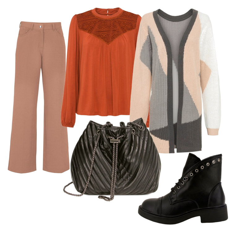 Outfit donna - Quando non vorresti uscire, ma devi. Stile Casual chic per Ufficio. Abbinamento con cardigans, maglieria, pantaloni, stivaletti, borse a secchiello.