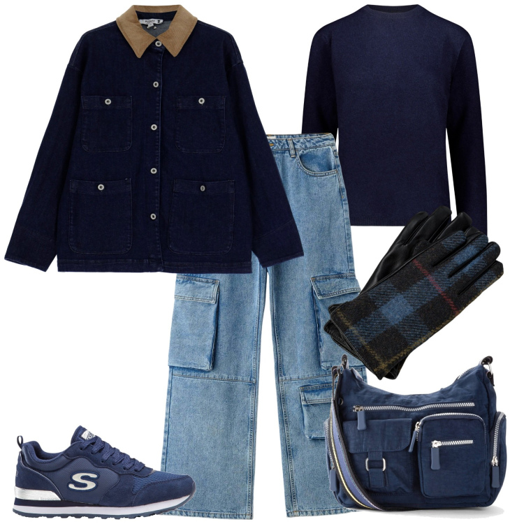 Outfit donna - In jeans. Stile Casual per Tutti i giorni. Abbinamento con borse a tracolla, sneakers, jeans, blazer, maglieria, guanti.