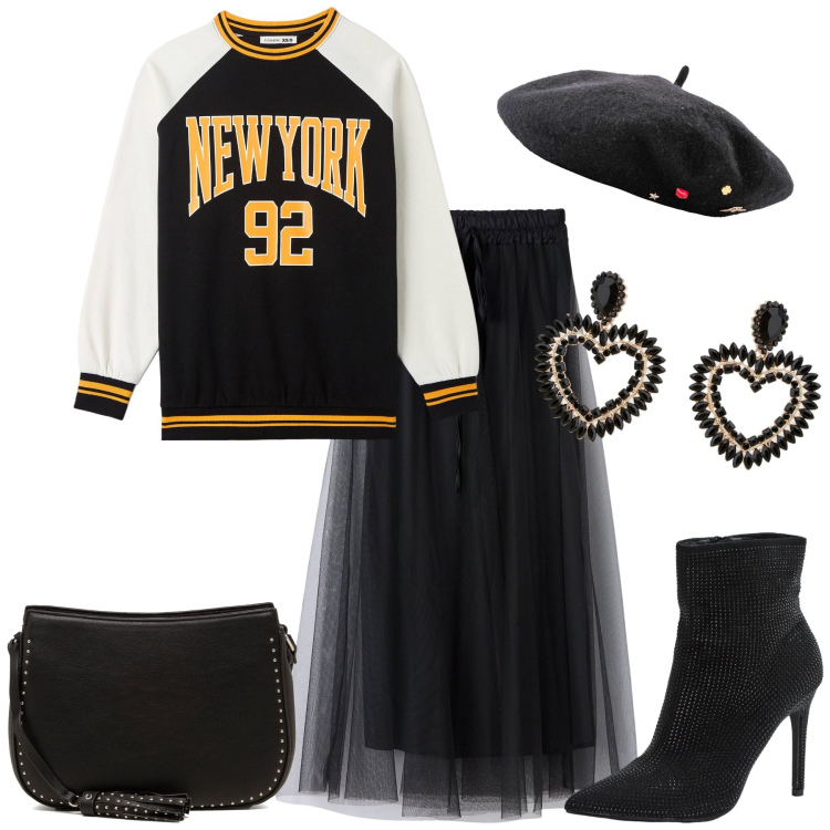 Outfit donna - Parigi in felpa. Stile Trendy per Tutti i giorni. Abbinamento con cappelli e berretti, gonne lunghe, stivaletti, felpe, orecchini, borse a tracolla.