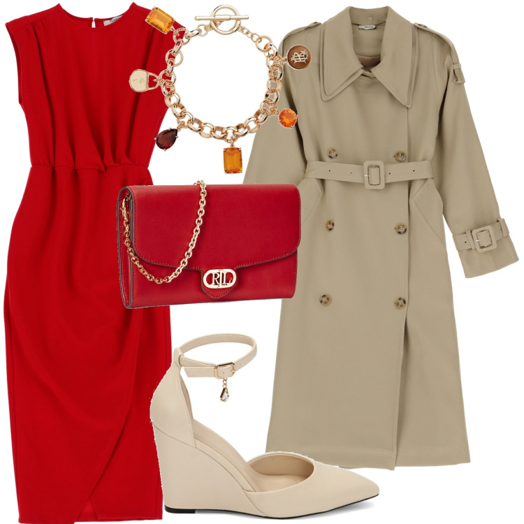Outfit donna - dall\'ufficio al tempo libero.. Stile Chic per Tutti i giorni. Abbinamento con vestiti midi/longuette, décolleté, trench, borse a tracolla, braccialetti con ciondoli.