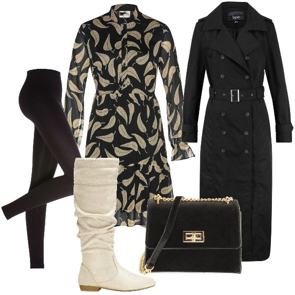 Outfit donna - Total look #1796541. Stile Basic per Ufficio. Abbinamento con vestiti, leggings, trench, stivali, borse a tracolla.