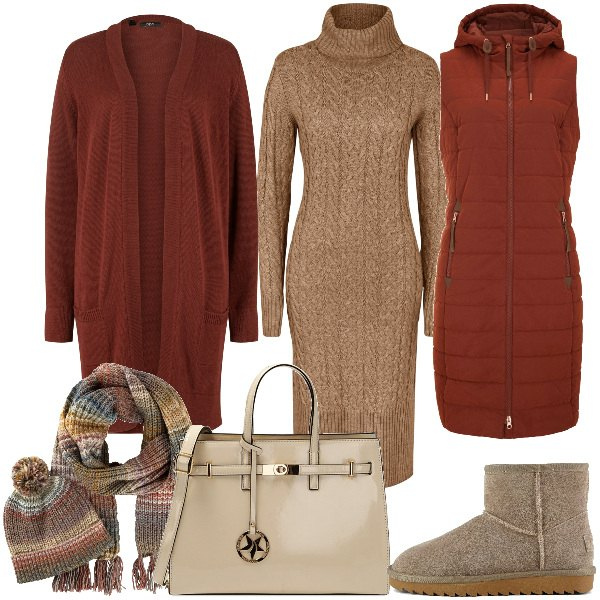 Outfit donna - Total look #1796545. Stile Basic per Tutti i giorni. Abbinamento con cardigans, vestiti midi/longuette, gilet, sciarpe, borse a mano, stivali.