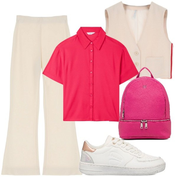 Outfit donna - Aspettando primavera. Stile Trendy per Tutti i giorni. Abbinamento con camicie a manica corta, pantaloni capri, gilet, sneakers, zaini.