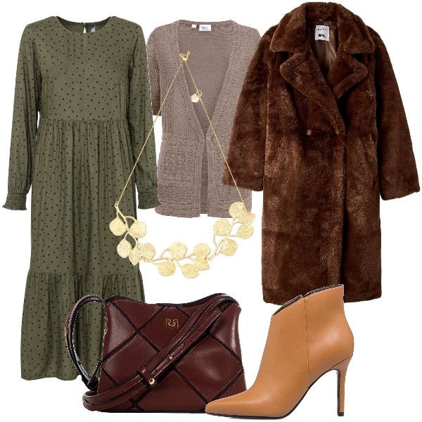 Outfit donna - Total look #1796551. Stile Boho per Serata fuori. Abbinamento con cardigans, vestiti lunghi, ecopellicce, borse a spalla, stivaletti, collane.