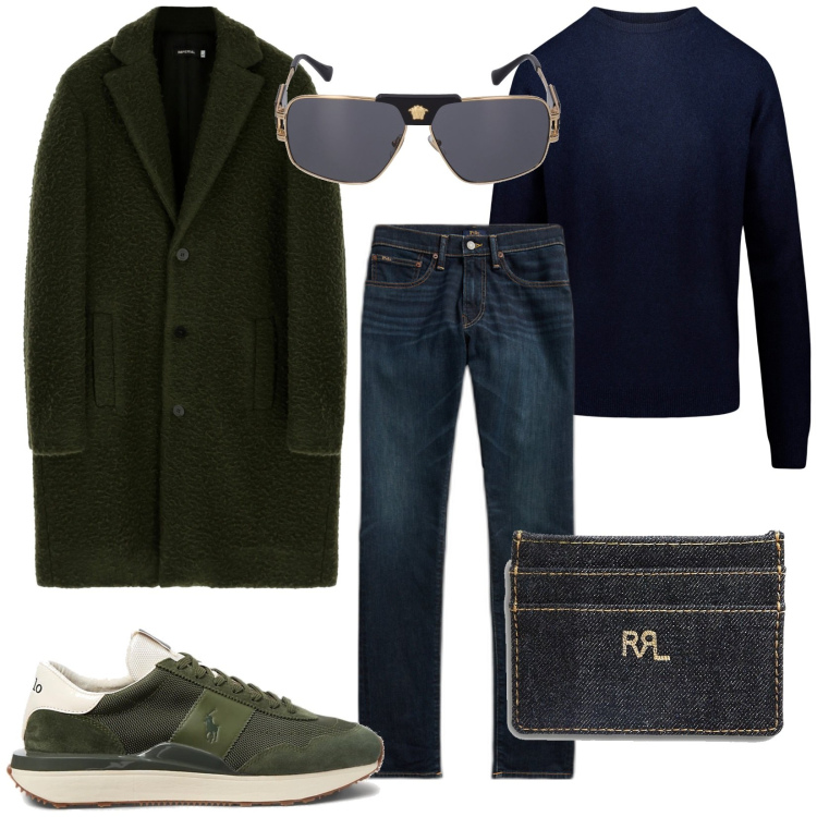 Outfit uomo - Total look #1796558. Stile Trendy per Tutti i giorni. Abbinamento con cappotti, sneakers, jeans skinny, portafogli, maglieria, occhiali da sole.