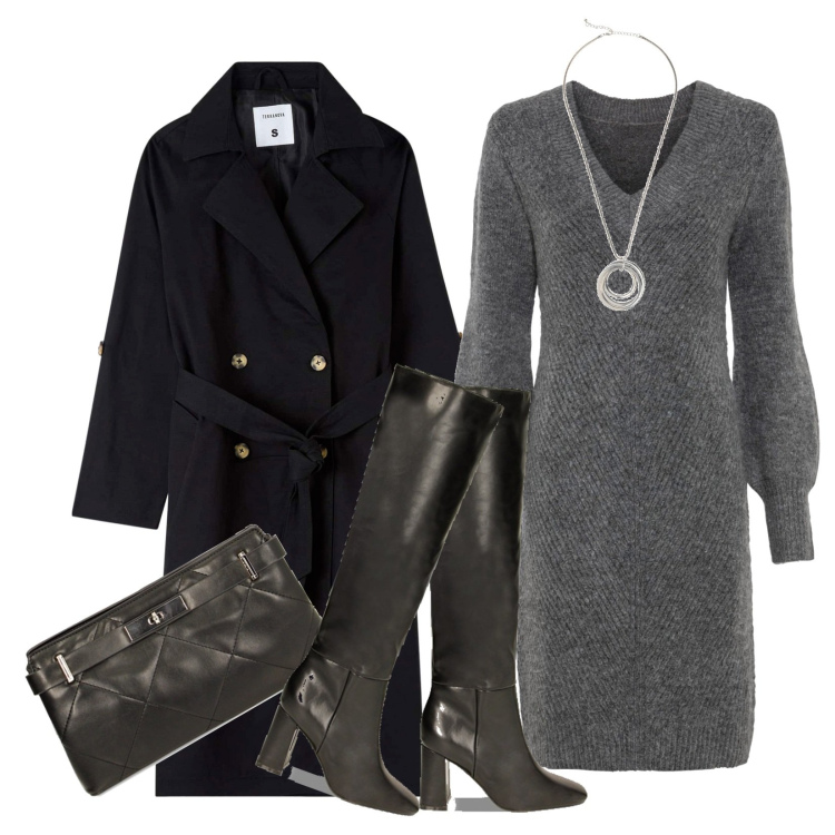 Outfit donna - Total look #1796568. Stile Casual chic per Tutti i giorni. Abbinamento con vestiti, collane, trench, stivali, clutch.