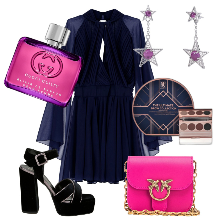 Outfit donna - Stars. Stile Glamour per Serata fuori. Abbinamento con profumi, mascara, orecchini, borse a tracolla, vestiti corti, décolleté.