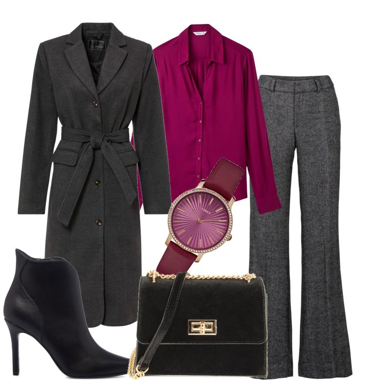 Outfit donna - Gennaio. Stile Chic per Tutti i giorni. Abbinamento con pantaloni a palazzo, cappotti, camicie, borse a tracolla, stivaletti, orologi analogici.