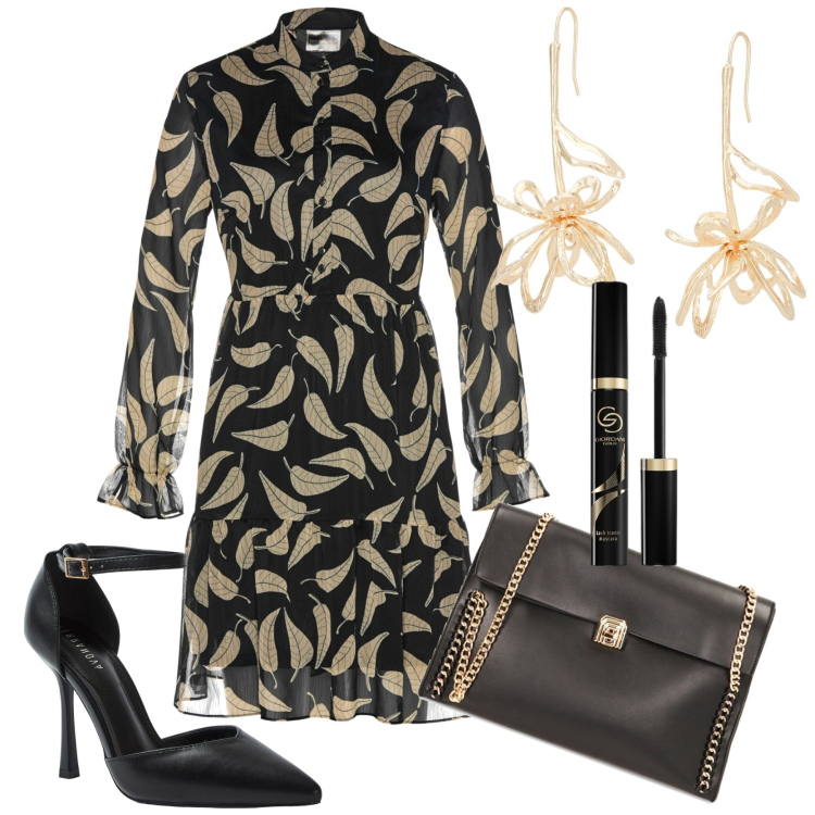 Outfit donna - Compleanno. Stile Chic per Tutti i giorni. Abbinamento con vestiti, mascara, décolleté, borse a spalla, orecchini.