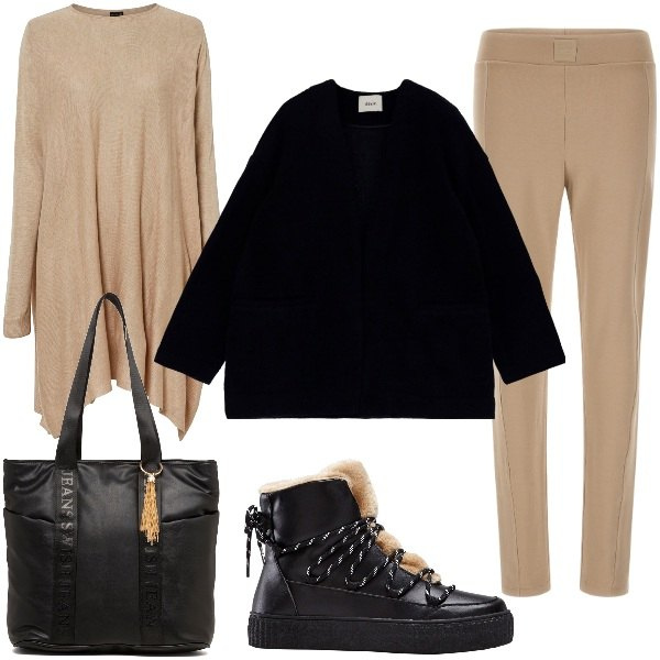 Outfit donna - Cappotto Oversize & Sneakers. Stile Basic per Tutti i giorni. Abbinamento con maglieria, sneakers alte, pantaloni, cappotti, borse a spalla.
