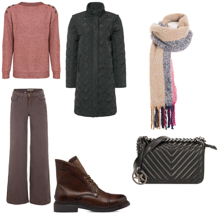 Outfit donna - Today outfit. Stile Basic per Ufficio. Abbinamento con maglieria, jeans, piumini, sciarpe, borse a tracolla, stivaletti.
