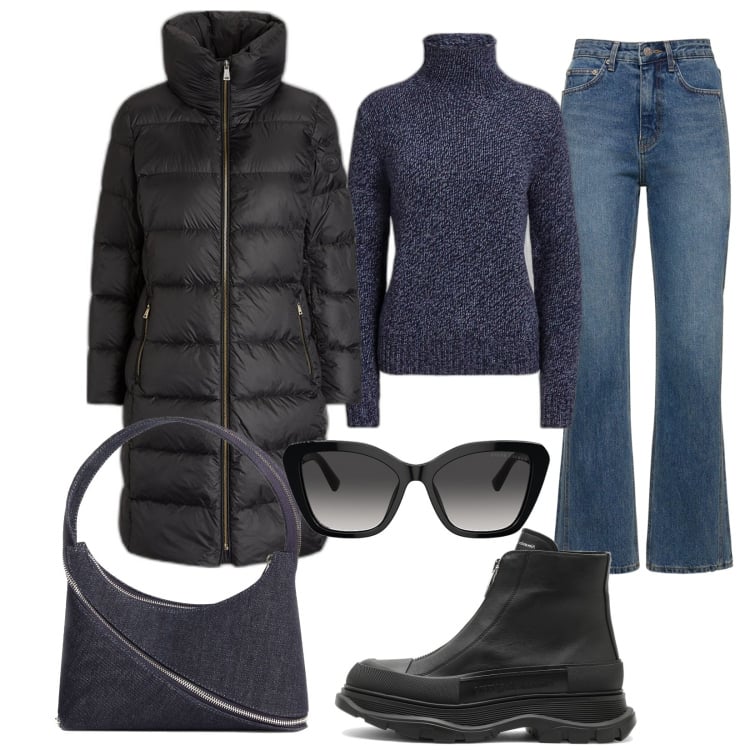 Outfit donna - Total look #1796600. Stile Urban per Tutti i giorni. Abbinamento con occhiali da sole, maglieria, piumini, stivaletti, borse a spalla, jeans dritti.