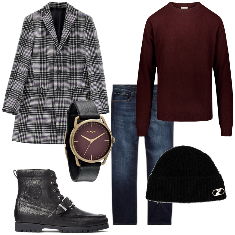 Outfit uomo - Pronto per la serata. Stile Trendy per Serata speciale. Abbinamento con cappotti, jeans dritti, stivali, maglieria, orologi, berretti.