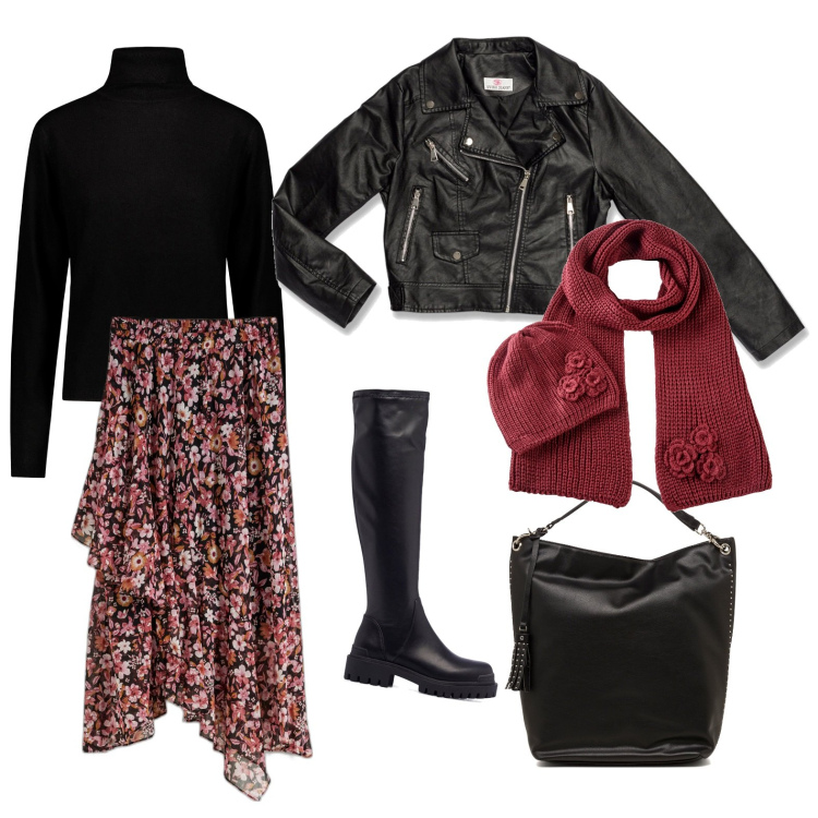 Outfit donna - A raining day. Stile Casual per Tutti i giorni. Abbinamento con sciarpe, gonne, stivali, cappotti, zaini, maglieria.