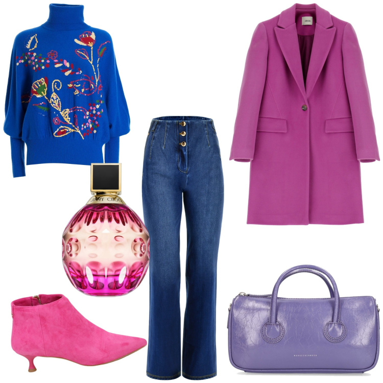 Outfit donna - I fiori di gennaio. Stile Glamour per Tutti i giorni. Abbinamento con profumi, maglieria, jeans, stivaletti, cappotti, borse a mano.