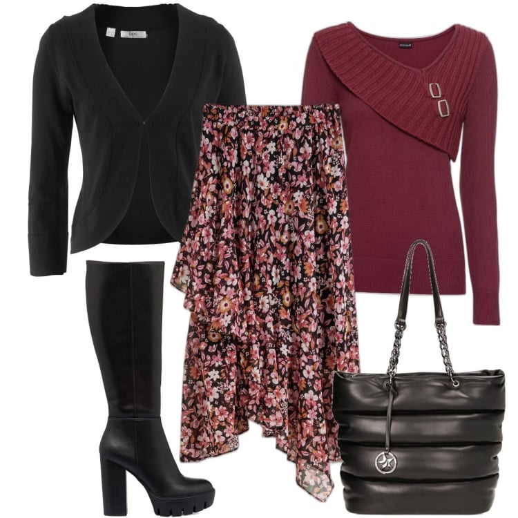 Outfit donna - La gonna a fiori. Stile Bon Ton per Serata fuori. Abbinamento con maglieria, gonne, blazer, borse a spalla, stivali sopra il ginocchio.