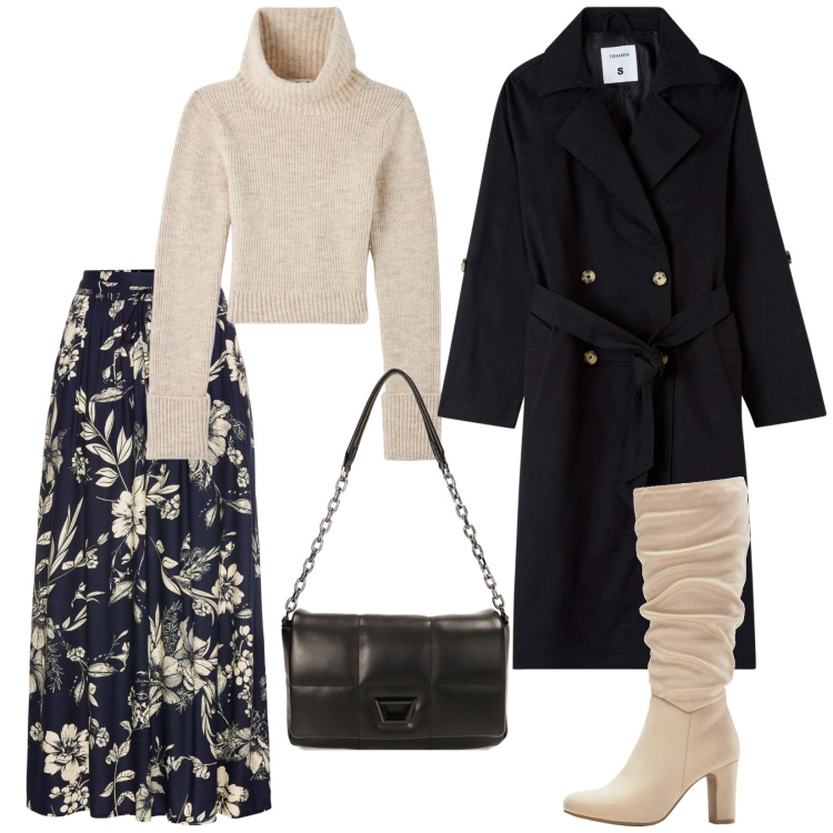 Outfit donna - Total look #1796677. Stile Casual chic per Tutti i giorni. Abbinamento con gonne lunghe, stivali sopra il ginocchio, maglieria, trench, borse a tracolla.