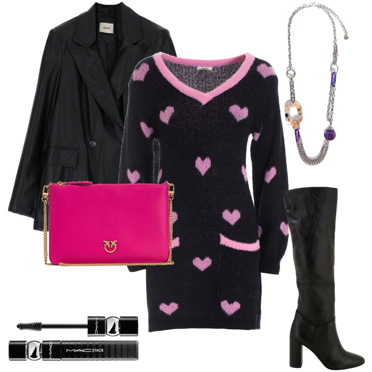 Outfit donna - L’abito con i cuoricini. Stile Romantica per Serata fuori. Abbinamento con mascara, borse a tracolla, vestiti, stivali, giacche, ciondoli.
