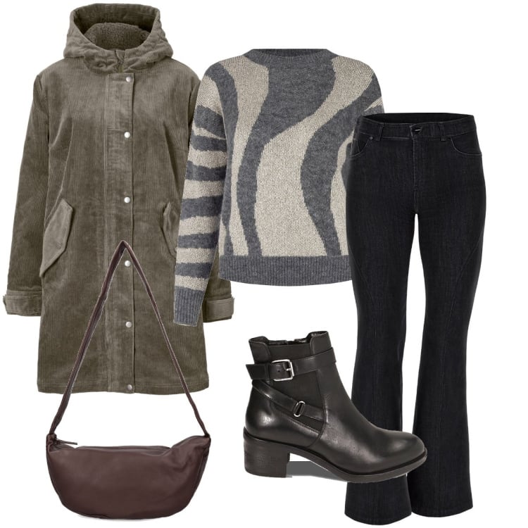 Outfit donna - Il parka in velluto. Stile Casual per Tutti i giorni. Abbinamento con parka, maglieria, stivaletti chelsea, jeans skinny, borse a spalla.