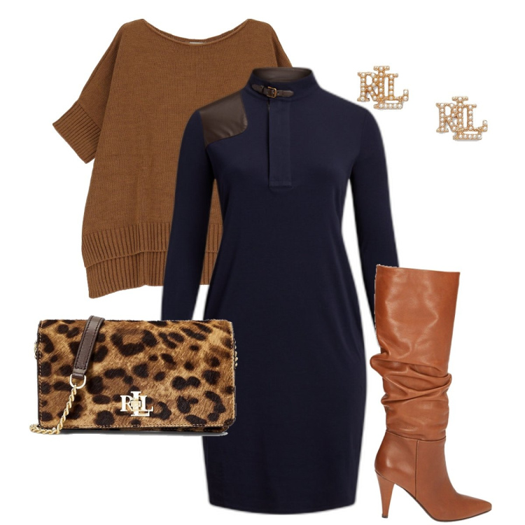 Outfit donna - L’abito blu a lupetto. Stile Bon Ton per Serata fuori. Abbinamento con stivali, pullovers, orecchini, vestiti, borse a tracolla.