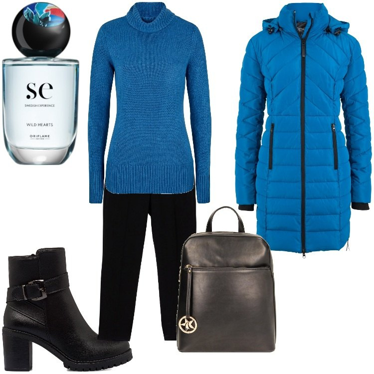 Outfit donna - Total look #1796696. Stile Minimal per Tutti i giorni. Abbinamento con maglieria, blazer, profumi, zaini, pantaloni capri, stivaletti.