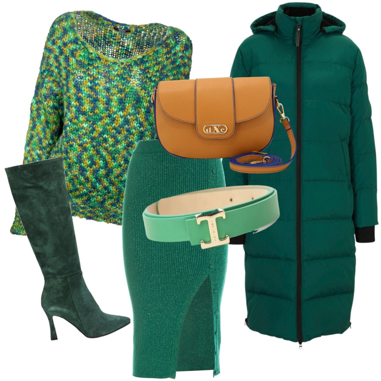 Outfit donna - Total look #1796707. Stile Casual per Tutti i giorni. Abbinamento con piumini, maglieria, gonne longuette, cinture, stivali, pochette.