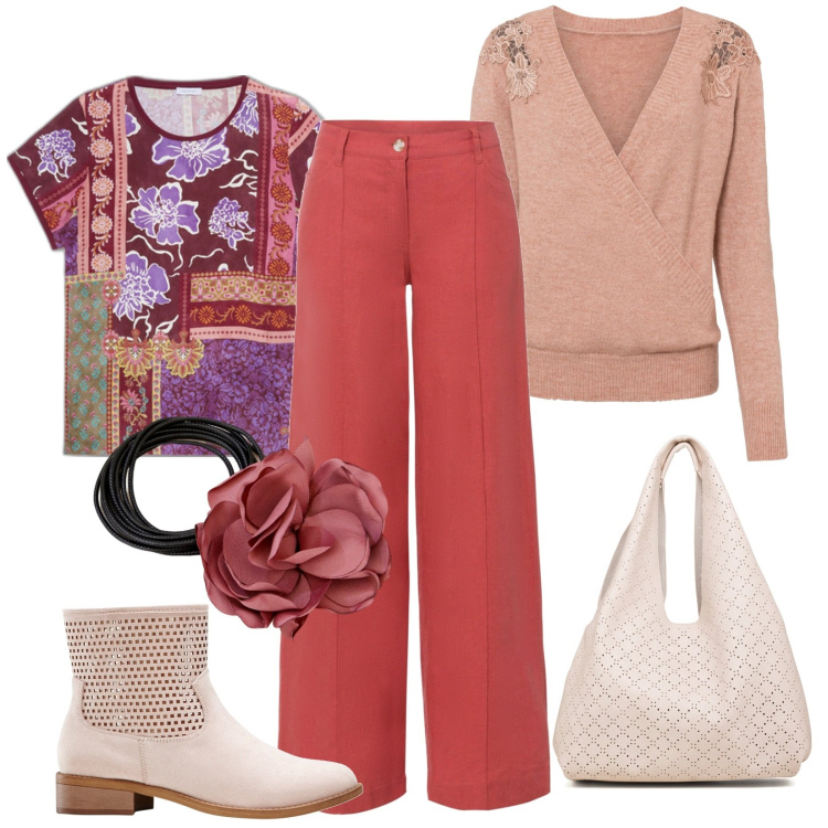 Outfit donna - Outfit completo sotto i 200€. Stile Casual chic per Tutti i giorni. Abbinamento con pantaloni a palazzo, maglieria, stivaletti, collane, borse a spalla, bluse.