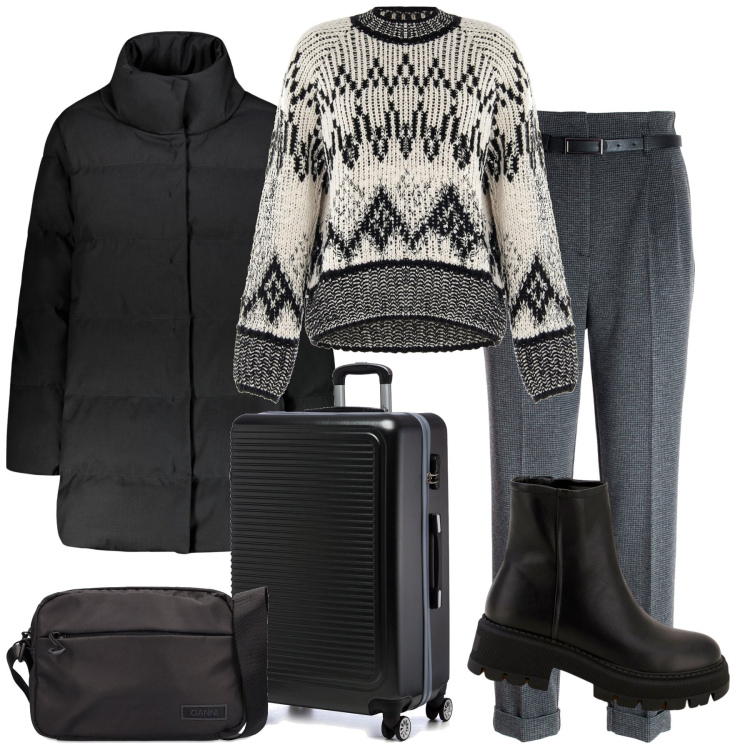 Outfit donna - Roma - New York. Stile Casual per Tutti i giorni. Abbinamento con maglieria, pantaloni, stivaletti, valigie, piumini, borse a spalla.
