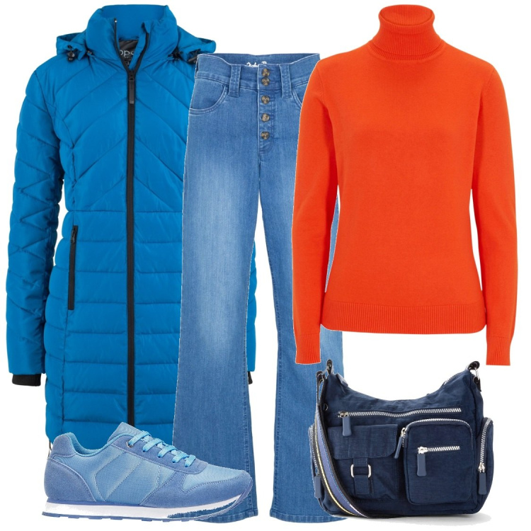 Outfit donna - Domenica colorata. Stile Casual per Tutti i giorni. Abbinamento con blazer, borse a tracolla, jeans dritti, maglieria, sneakers.