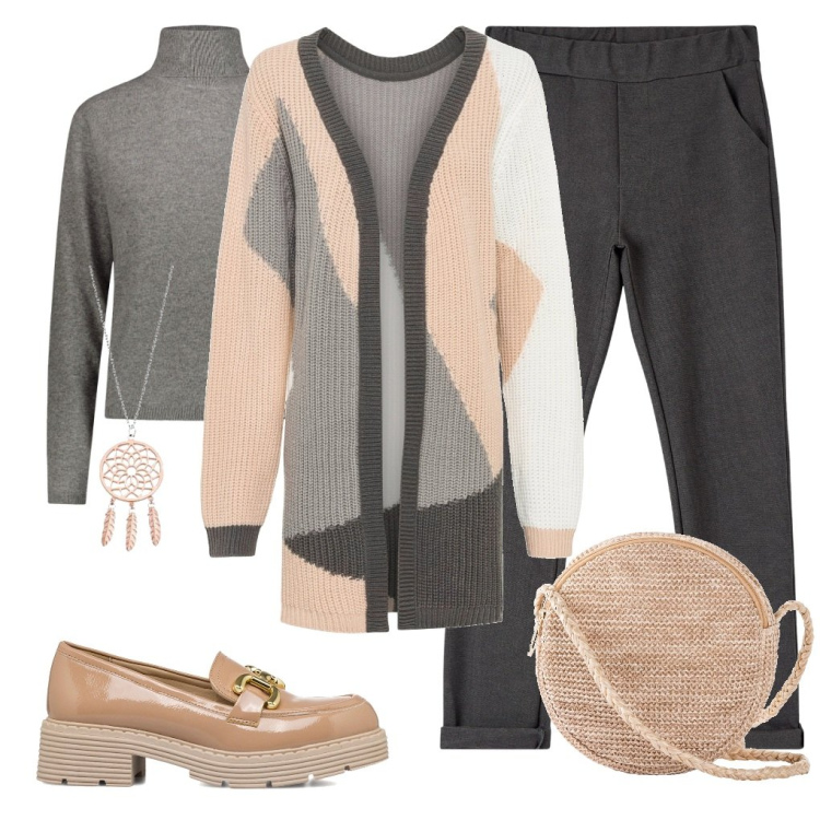 Outfit donna - Cardigan lungo. Stile Casual chic per Ufficio. Abbinamento con cardigans, borse a tracolla, pantaloni chino, mocassini, maglieria, collane.