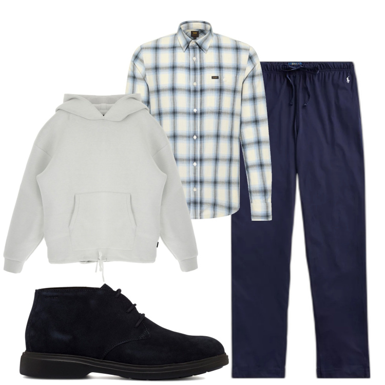 Outfit uomo - City. Stile Casual per Tutti i giorni. Abbinamento con felpe con cappuccio, pantaloni, stivali e stivaletti, camicie.