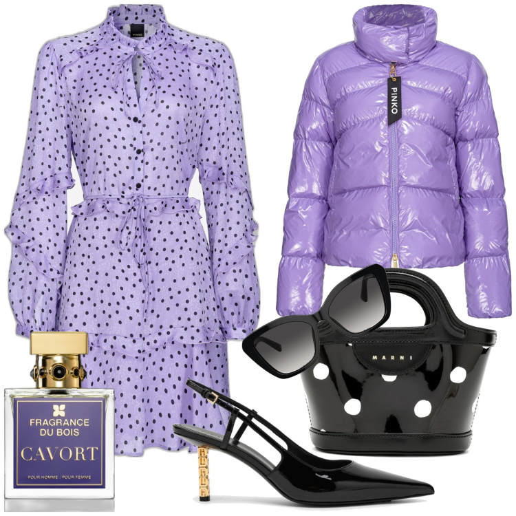 Outfit donna - Abito e borsa a pois. Stile Romantica per Serata fuori. Abbinamento con profumi, piumini, vestiti corti, occhiali da sole, décolleté, borse a mano.