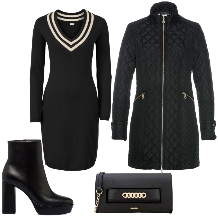 Outfit donna - Total look #1796748. Stile Sporty chic per Serata fuori. Abbinamento con blazer, vestiti midi/longuette, pochette, stivaletti.