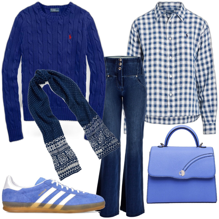 Outfit donna - Total look #1796750. Stile Casual per Tutti i giorni. Abbinamento con jeans a zampa, maglieria, camicie, sciarpe, sneakers, borse a mano.