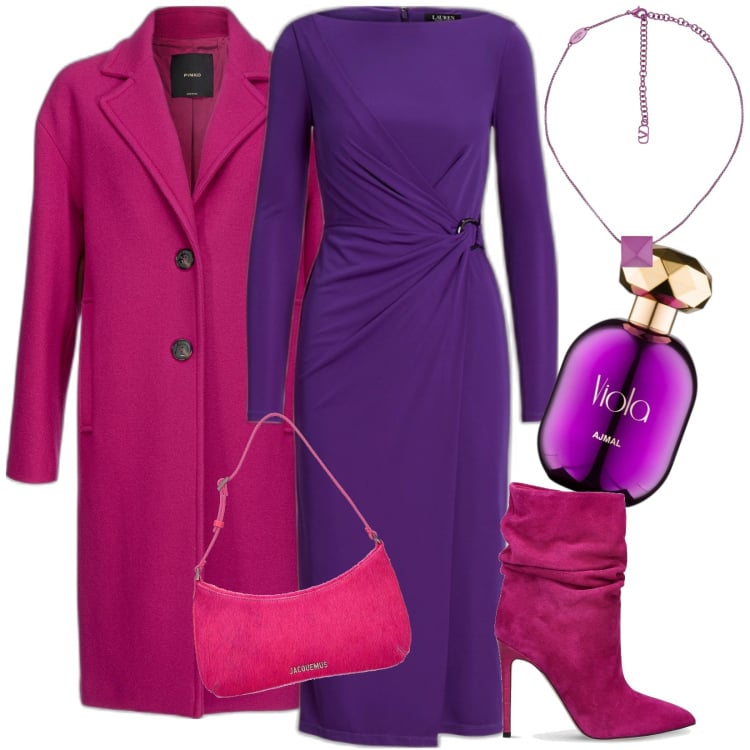 Outfit donna - Abito viola agata. Stile Urban per Serata fuori. Abbinamento con profumi, cappotti, vestiti a tubino, stivaletti, collane, borse a spalla.